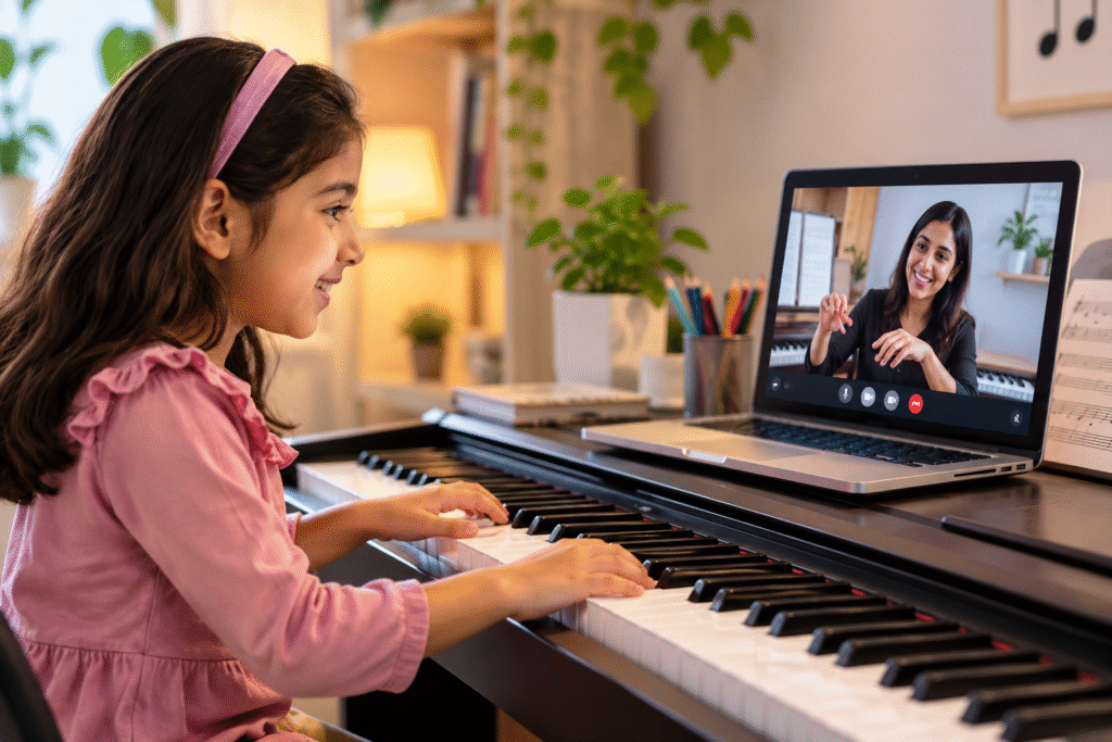 Child taking an online piano lesson