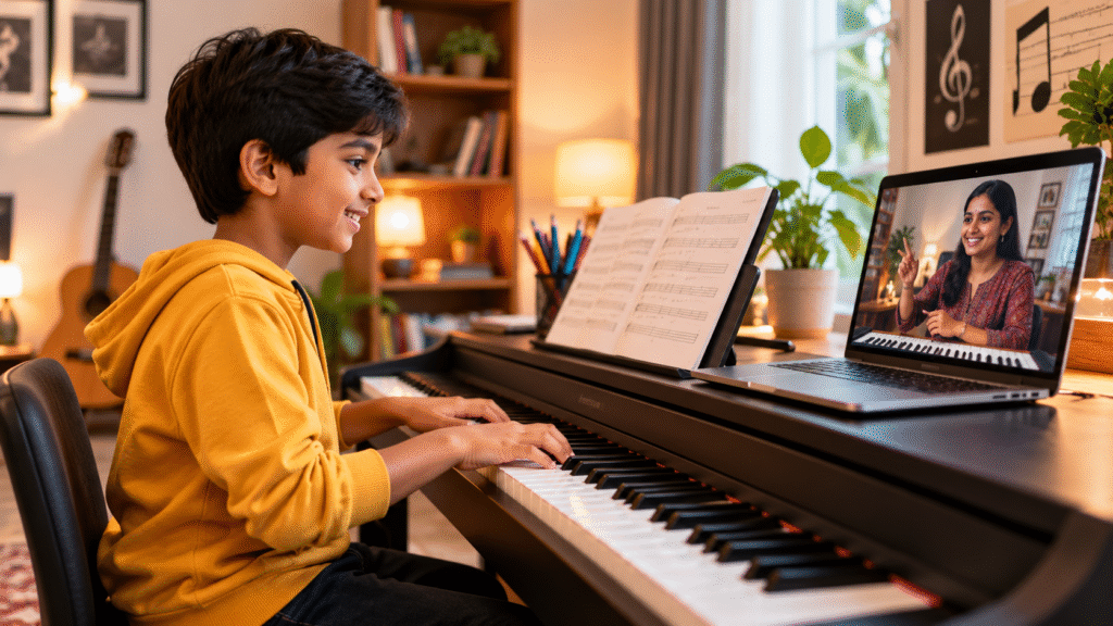indian child practising piano during an online lesson with an Indian music tutor.