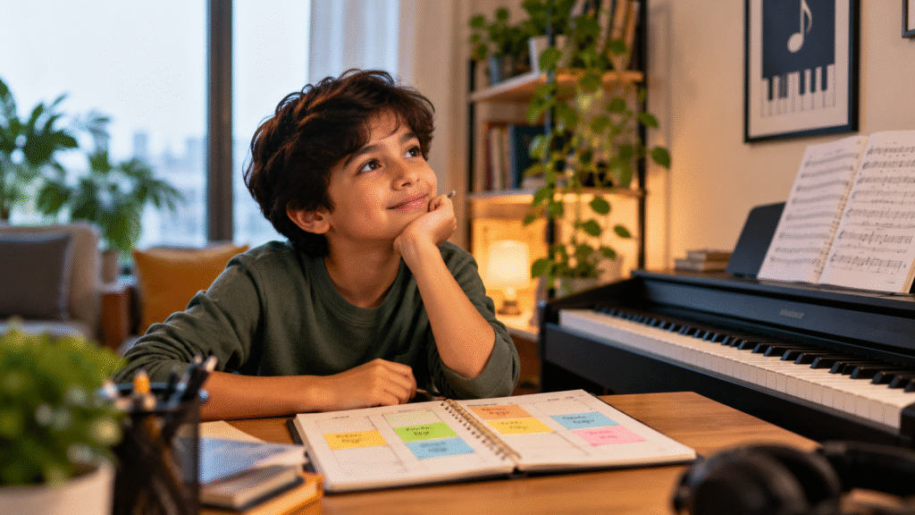 Child practising piano at home while following sheet music